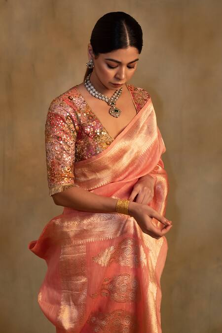 Buy_Priyanka Raajiv_Pink Linen, Silk Organza Karva Floral Pattern Saree With Unstitched Blouse_Online_at_Aza_Fashions
