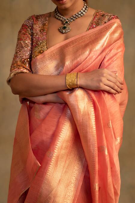 Shop_Priyanka Raajiv_Pink Linen, Silk Organza Karva Floral Pattern Saree With Unstitched Blouse_Online_at_Aza_Fashions