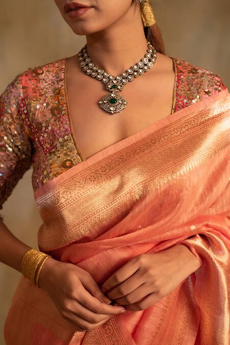 Priyanka Raajiv_Pink Linen, Silk Organza Karva Floral Pattern Saree With Unstitched Blouse_at_Aza_Fashions
