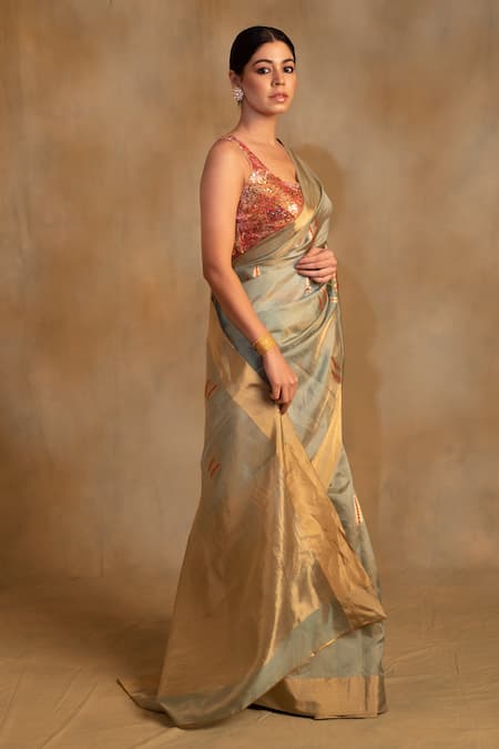 Buy Priyanka Raajiv Green Silk, Kuu Foliage Motif Pattern Saree With Unstitched Blouse Piece Online at Aza Fashions Buy_Priyanka Raajiv_Green Silk, Kuu Foliage Motif Pattern Saree With Unstitched Blouse Piece _Online_at_Aza_Fashions