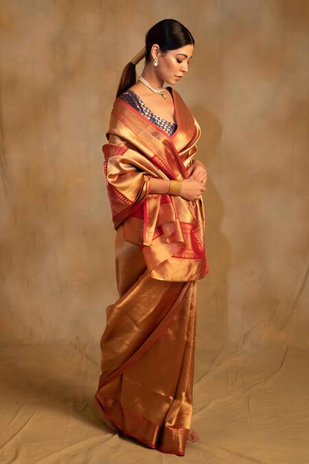 Buy_Priyanka Raajiv_Gold Silk, Chanderi Kylee Taraaz Woven Saree With Unstitched Blouse Piece _Online_at_Aza_Fashions