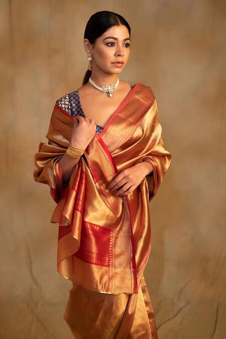 Shop_Priyanka Raajiv_Gold Silk, Chanderi Kylee Taraaz Woven Saree With Unstitched Blouse Piece _Online_at_Aza_Fashions