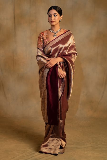 Priyanka Raajiv_Wine Silk Laldita Woven Banarasi Saree With Unstitched Blouse Piece _Online_at_Aza_Fashions