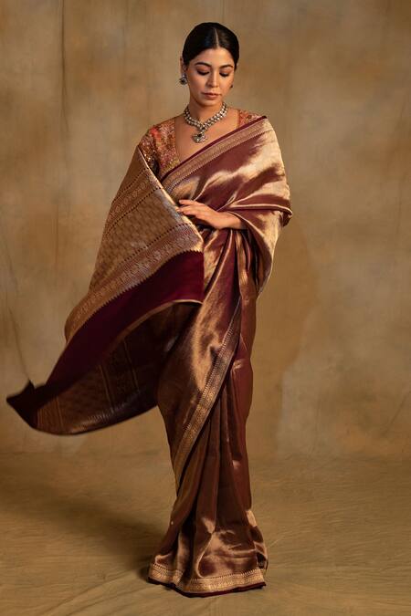 Buy_Priyanka Raajiv_Wine Silk Laldita Woven Banarasi Saree With Unstitched Blouse Piece _Online_at_Aza_Fashions