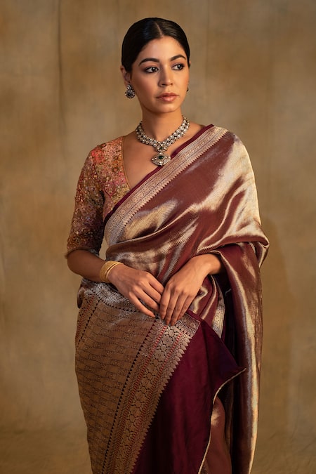 Shop_Priyanka Raajiv_Wine Silk Laldita Woven Banarasi Saree With Unstitched Blouse Piece _Online_at_Aza_Fashions