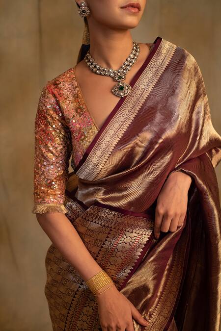 Priyanka Raajiv_Wine Silk Laldita Woven Banarasi Saree With Unstitched Blouse Piece _at_Aza_Fashions
