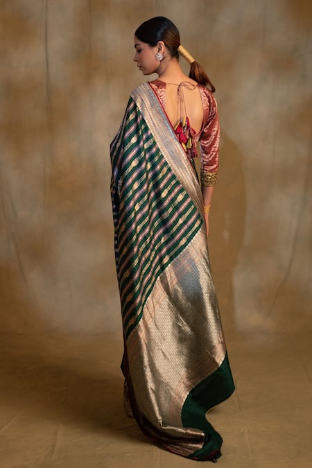 Shop Priyanka Raajiv Green Silk Maghi Pattidaar Jaal Saree With Unstitched Blouse Piece at Aza Fashions Shop_Priyanka Raajiv_Green Silk Maghi Pattidaar Jaal Saree With Unstitched Blouse Piece _at_Aza_Fashions