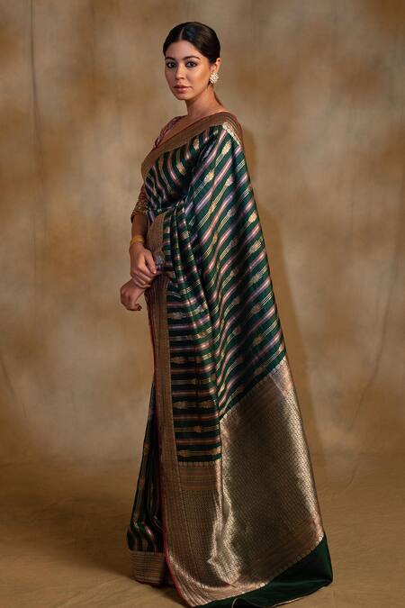 Priyanka Raajiv Green Silk Maghi Pattidaar Jaal Saree With Unstitched Blouse Piece Online at Aza Fashions Priyanka Raajiv_Green Silk Maghi Pattidaar Jaal Saree With Unstitched Blouse Piece _Online_at_Aza_Fashions