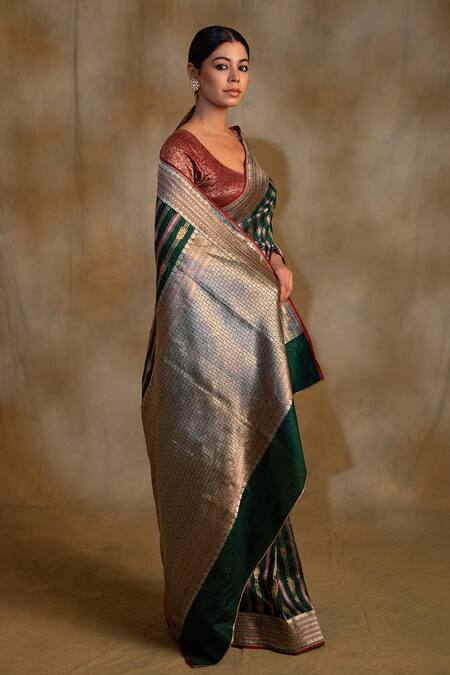 Buy Priyanka Raajiv Green Silk Maghi Pattidaar Jaal Saree With Unstitched Blouse Piece Online at Aza Fashions Buy_Priyanka Raajiv_Green Silk Maghi Pattidaar Jaal Saree With Unstitched Blouse Piece _Online_at_Aza_Fashions