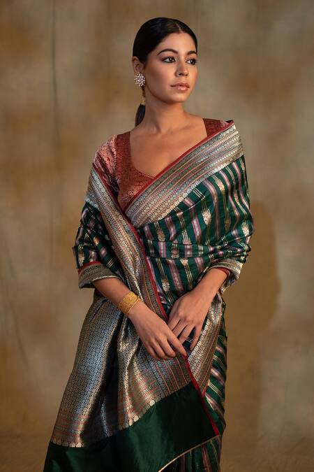 Shop Priyanka Raajiv Green Silk Maghi Pattidaar Jaal Saree With Unstitched Blouse Piece Online at Aza Fashions Shop_Priyanka Raajiv_Green Silk Maghi Pattidaar Jaal Saree With Unstitched Blouse Piece _Online_at_Aza_Fashions