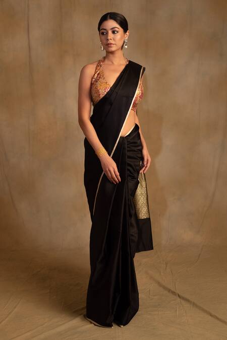 Priyanka Raajiv_Black Brocade, Silk Mahalaya Mashru Border Saree With Unstitched Blouse Piece_Online_at_Aza_Fashions