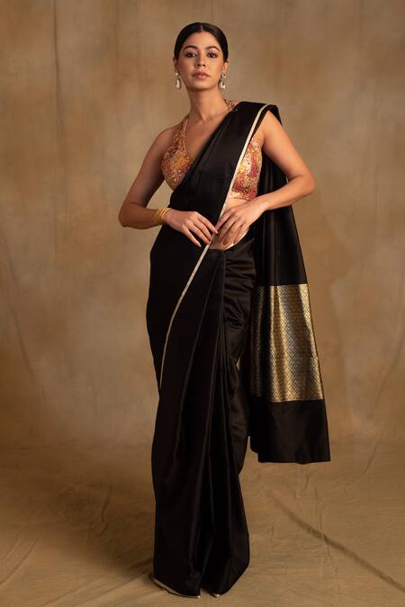 Buy_Priyanka Raajiv_Black Brocade, Silk Mahalaya Mashru Border Saree With Unstitched Blouse Piece_Online_at_Aza_Fashions