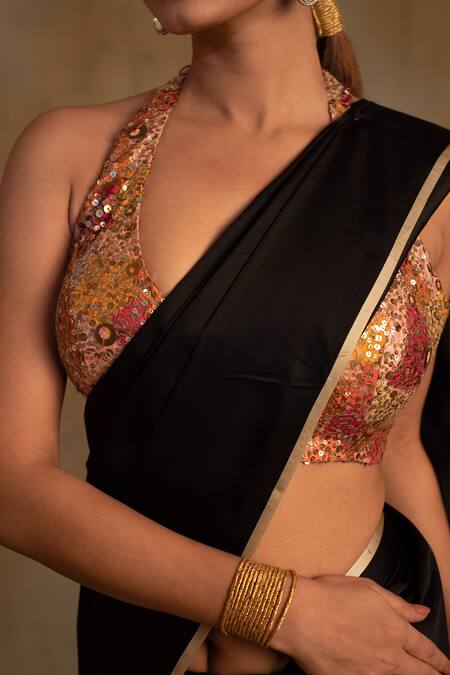 Priyanka Raajiv_Black Brocade, Silk Mahalaya Mashru Border Saree With Unstitched Blouse Piece_at_Aza_Fashions