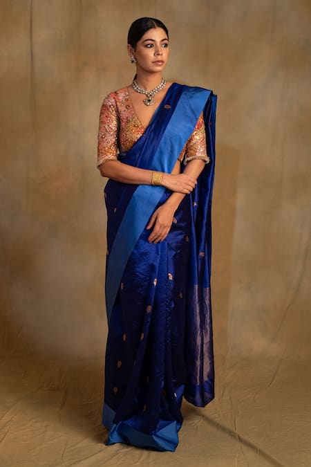 Pure Hand Block Blue Chanderi Silk Saree, 5.5 m (separate blouse piece) at  Rs 1450 in Jaipur