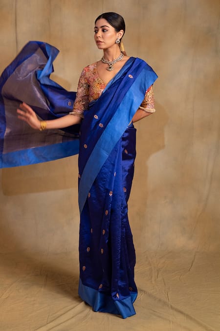 Priyanka Raajiv_Blue Silk, Chanderi Navami Floral Butis Saree With Unstitched Blouse Piece _Online_at_Aza_Fashions