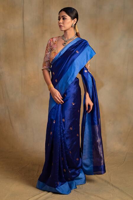 Buy_Priyanka Raajiv_Blue Silk, Chanderi Navami Floral Butis Saree With Unstitched Blouse Piece _Online_at_Aza_Fashions