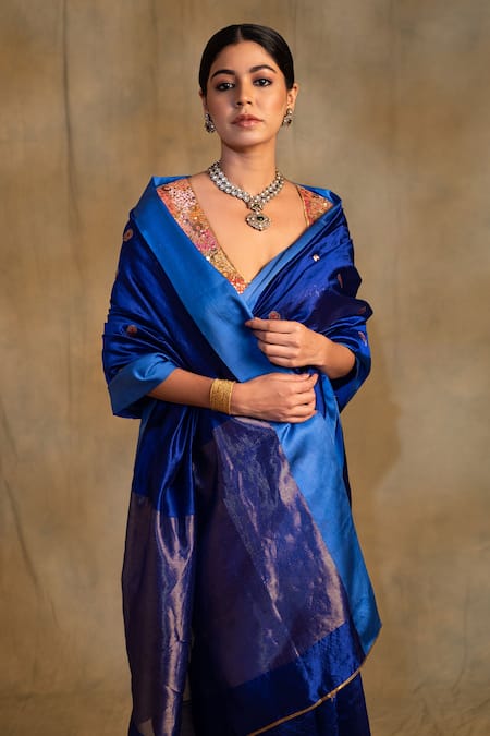 Shop_Priyanka Raajiv_Blue Silk, Chanderi Navami Floral Butis Saree With Unstitched Blouse Piece _Online_at_Aza_Fashions
