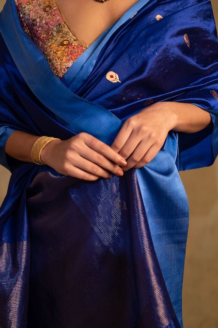 Priyanka Raajiv_Blue Silk, Chanderi Navami Floral Butis Saree With Unstitched Blouse Piece _at_Aza_Fashions