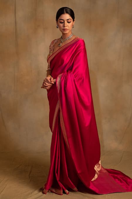 Priyanka Raajiv_Pink Silk Zari Navroz Swirl Border Saree With Unstitched Blouse Piece _Online_at_Aza_Fashions