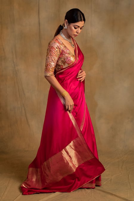 Buy_Priyanka Raajiv_Pink Silk Zari Navroz Swirl Border Saree With Unstitched Blouse Piece _Online_at_Aza_Fashions
