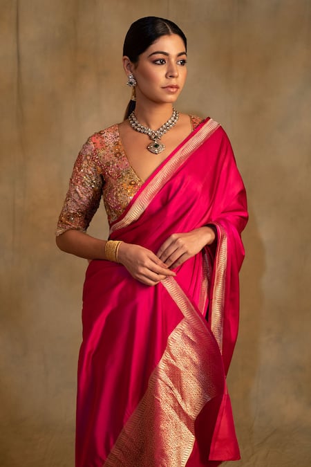 Shop_Priyanka Raajiv_Pink Silk Zari Navroz Swirl Border Saree With Unstitched Blouse Piece _Online_at_Aza_Fashions