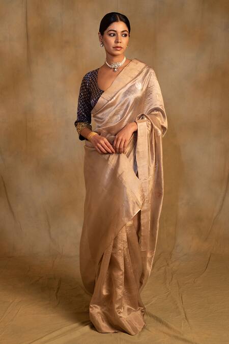 Priyanka Raajiv_Beige Silk, Chanderi Panchami Anari Buti Saree With Unstitched Blouse Piece_Online_at_Aza_Fashions