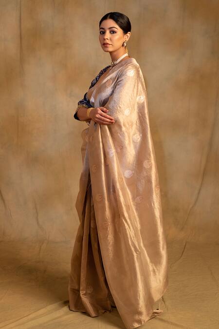 Buy_Priyanka Raajiv_Beige Silk, Chanderi Panchami Anari Buti Saree With Unstitched Blouse Piece_Online_at_Aza_Fashions