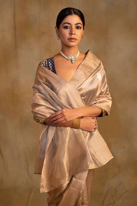 Shop_Priyanka Raajiv_Beige Silk, Chanderi Panchami Anari Buti Saree With Unstitched Blouse Piece_Online_at_Aza_Fashions
