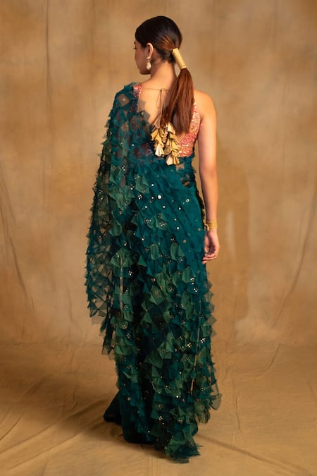Shop Priyanka Raajiv Green Tulle, Silk Sequins Pihu Prism Tassel Embellished Saree at Aza Fashions Shop_Priyanka Raajiv_Green Tulle, Silk Sequins Pihu Prism Tassel Embellished Saree _at_Aza_Fashions