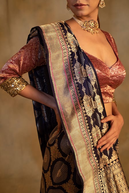 Priyanka Raajiv Blue Silk Embroidery Pooram Floral Jaal Saree Unstitched Blouse Piece at Aza Fashions Priyanka Raajiv_Blue Silk Embroidery Pooram Floral Jaal Saree Unstitched Blouse Piece _at_Aza_Fashions
