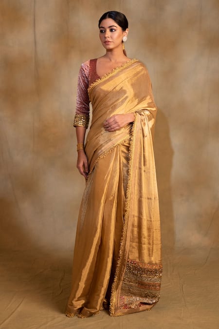 Priyanka Raajiv_Gold Silk, Purnima Zardozi Palla Embroidered Saree With Unstitched Blouse Piece _Online_at_Aza_Fashions