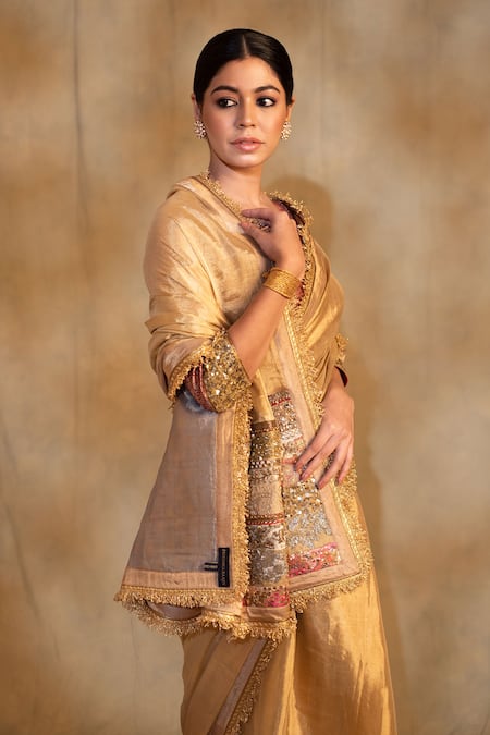 Buy_Priyanka Raajiv_Gold Silk, Purnima Zardozi Palla Embroidered Saree With Unstitched Blouse Piece _Online_at_Aza_Fashions