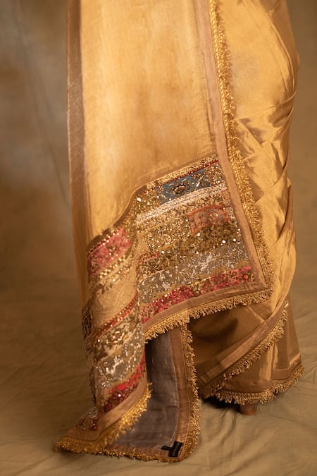 Priyanka Raajiv_Gold Silk, Purnima Zardozi Palla Embroidered Saree With Unstitched Blouse Piece _at_Aza_Fashions