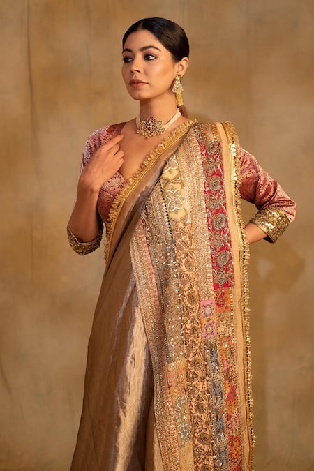 Buy_Priyanka Raajiv_Silver Silk, Saptami Zardozi Flora Palla Saree With Unstitched Blouse Piece _Online_at_Aza_Fashions