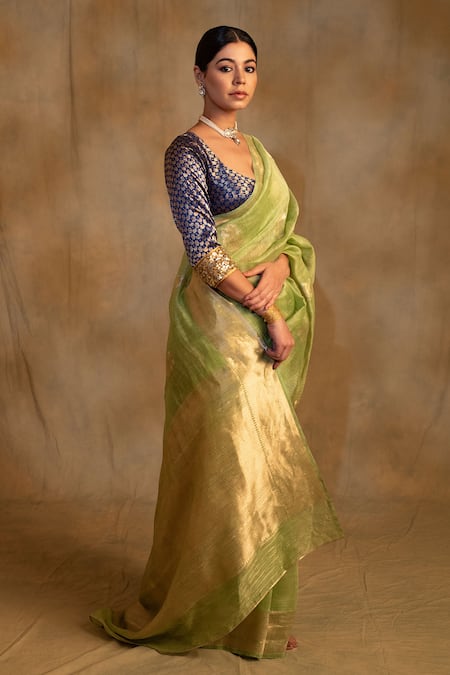 Buy_Priyanka Raajiv_Green Linen, Silk Organza Sarhul Bloom Buti Saree With Unstitched Blouse Piece_Online_at_Aza_Fashions