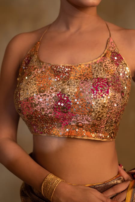 Priyanka Raajiv_Multi Color Silk, Brocade Sequins Halter Neck Saumya Clustered Blouse _Online_at_Aza_Fashions
