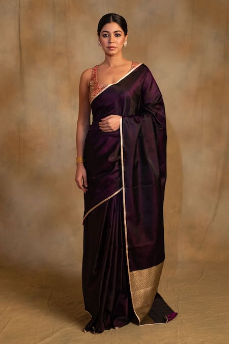 Priyanka Raajiv Purple Silk Banarasi Shasthi Saree With Unstitched Blouse Piece 