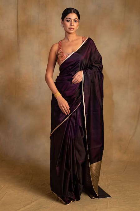 Priyanka Raajiv Purple Silk Embroidery Shasthi Mashru Border Saree With Unstitched Blouse Piece Online at Aza Fashions Priyanka Raajiv_Purple Silk Embroidery Shasthi Mashru Border Saree With Unstitched Blouse Piece _Online_at_Aza_Fashions