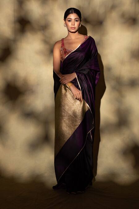 Shop Priyanka Raajiv Purple Silk Embroidery Shasthi Mashru Border Saree With Unstitched Blouse Piece Online at Aza Fashions Shop_Priyanka Raajiv_Purple Silk Embroidery Shasthi Mashru Border Saree With Unstitched Blouse Piece _Online_at_Aza_Fashions