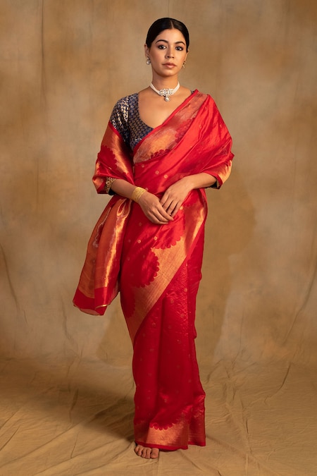 Priyanka Raajiv Red Silk Chanderi Temple Arch Sora Border Saree With Unstitched Blouse Piece 