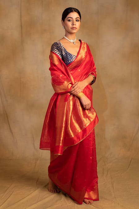 Buy_Priyanka Raajiv_Red Silk, Chanderi Sora Temple Arch Border Saree With Unstitched Blouse Piece _Online_at_Aza_Fashions