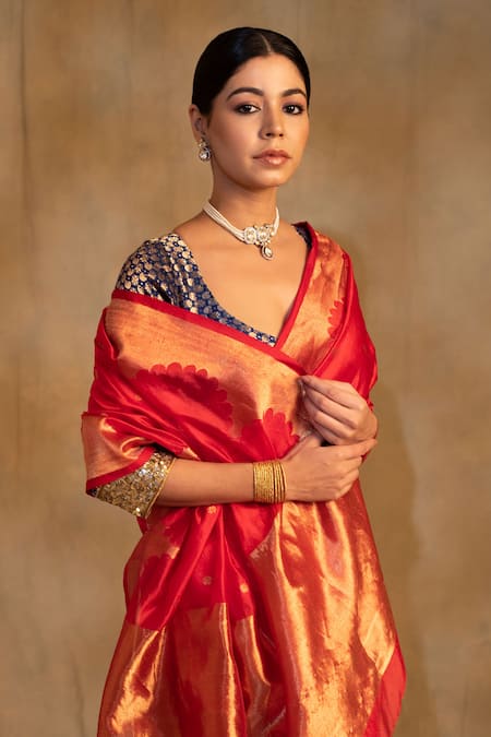 Shop_Priyanka Raajiv_Red Silk, Chanderi Sora Temple Arch Border Saree With Unstitched Blouse Piece _Online_at_Aza_Fashions