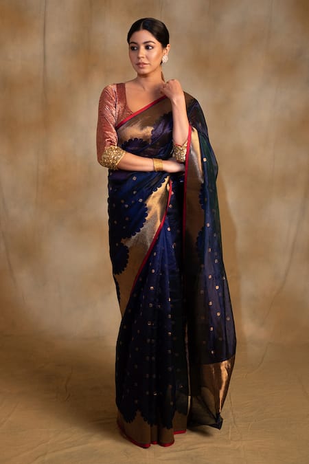 Priyanka Raajiv Blue Silk Chanderi Reverse Sora Border Saree With Unstitched Blouse Piece 