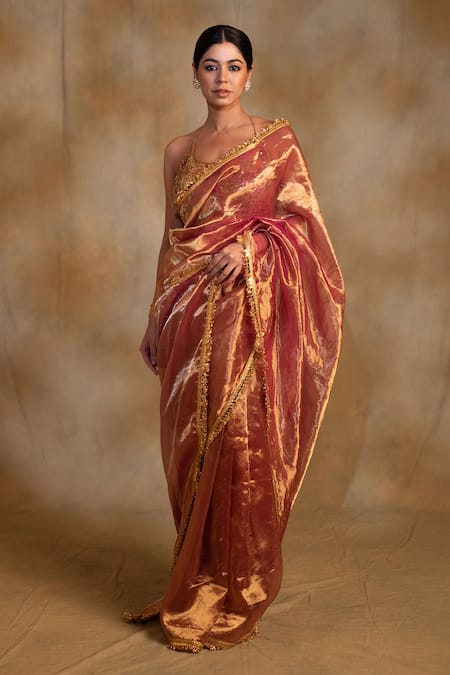Priyanka Raajiv_Pink Silk, Chanderi Teej Kiran Lace Border Saree With Unstitched Blouse Piece _Online_at_Aza_Fashions