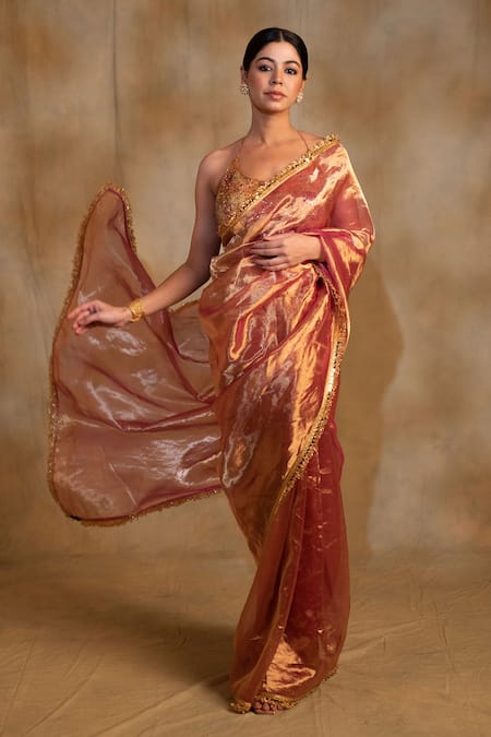 Buy_Priyanka Raajiv_Pink Silk, Chanderi Teej Kiran Lace Border Saree With Unstitched Blouse Piece _Online_at_Aza_Fashions