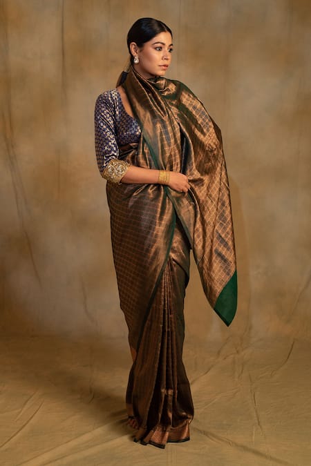 Shop_Priyanka Raajiv_Green Silk Zari Tusu Grid Saree With Unstitched Blouse Piece _Online_at_Aza_Fashions