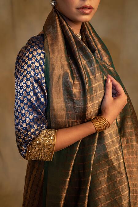Priyanka Raajiv_Green Silk Zari Tusu Grid Saree With Unstitched Blouse Piece _at_Aza_Fashions
