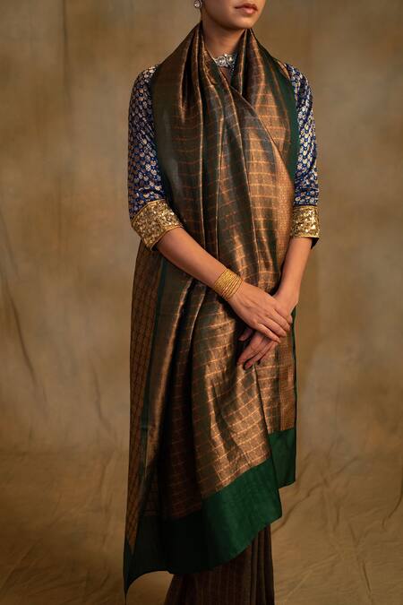 Buy_Priyanka Raajiv_Green Silk Zari Tusu Grid Saree With Unstitched Blouse Piece 