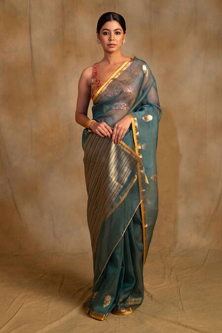Priyanka Raajiv_Blue Organza, Ugadi Paisley Buti Saree With Unstitched Blouse Piece _Online_at_Aza_Fashions
