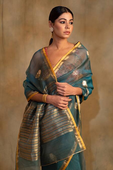 Shop_Priyanka Raajiv_Blue Organza, Ugadi Paisley Buti Saree With Unstitched Blouse Piece _Online_at_Aza_Fashions